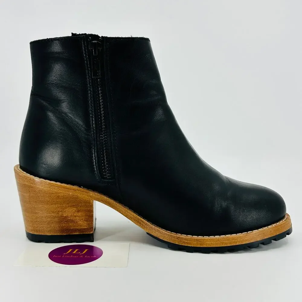 Patina Portland Leather Women's Black Leather Side Zip Heeled Ankle Boots Size 8